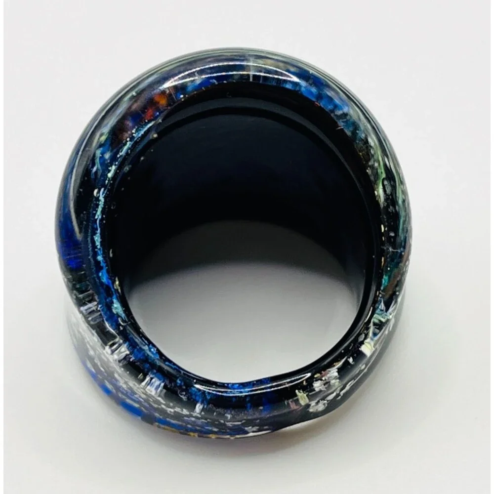 Hand Blown Glass Ring Sz 6.25 - 6.5 Black Swirl Metallic Wide Art Venetian Style